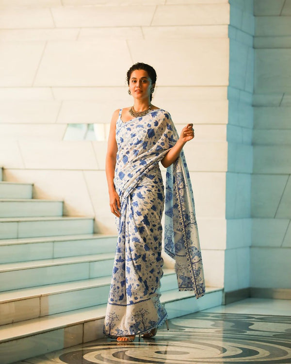 Lightweight Blue Botanical Print Saree in Chiffon Georgette