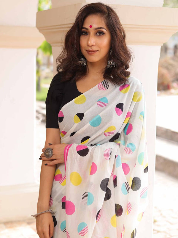 White Multicolor Polka Dot Cotton Saree with Pink Border