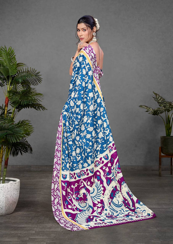 Royal Blue & Magenta Kalamkari Print Saree with Floral and Peacock Motifs