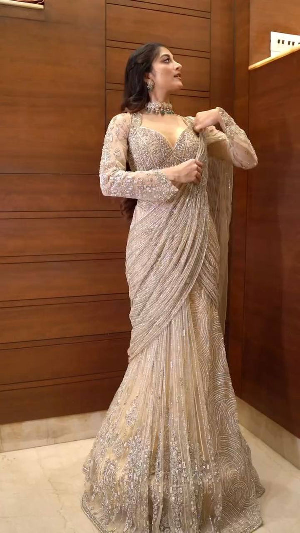 Champagne Gold Sequin Embellished Draped Saree