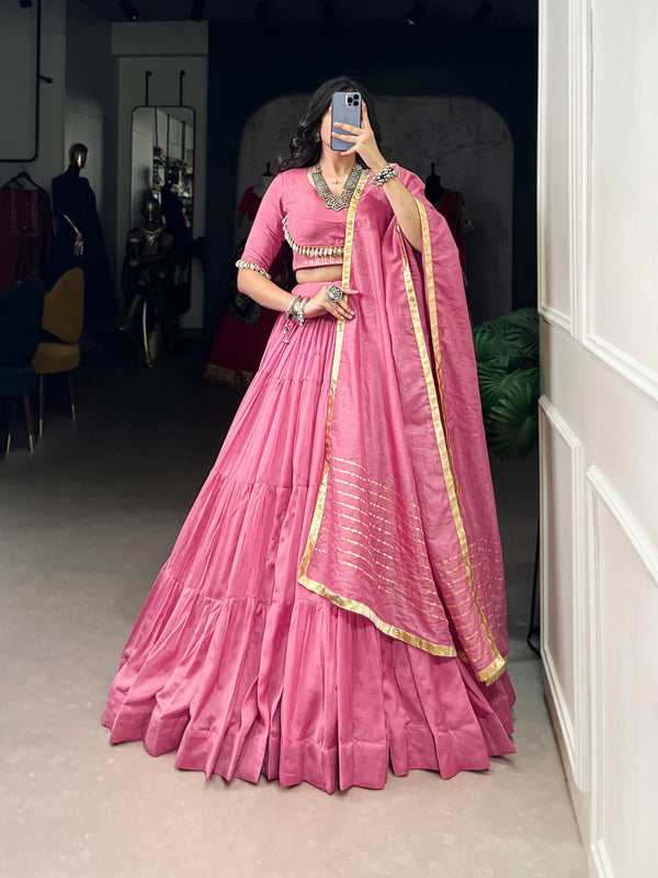 Royal Rani Pink Handcrafted Silk Lehenga Ensemble with Gota Patti Accents & Statement Dupatta