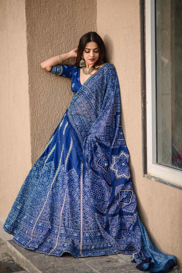 Imperial Blue Bandhani Ensemble in Pure Silk with Traditional Handblock Patterns