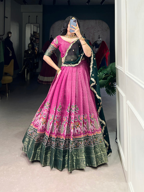 Gulnaar Royale Patola-Inspired Silk Lehenga with Emerald Net Dupatta