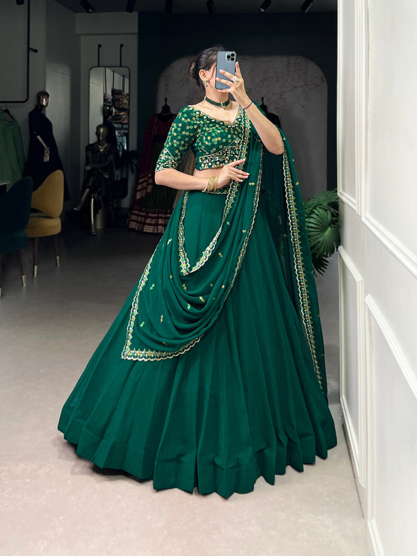 Emerald Green Embroidered Lehenga Choli with Floral Details