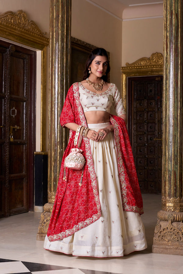Ivory Floral Embroidered Lehenga with Red Dupatta