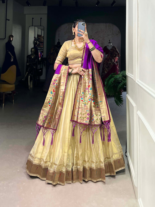 Golden Silk Lehenga with Purple Brocade Dupatta and Embellished Border