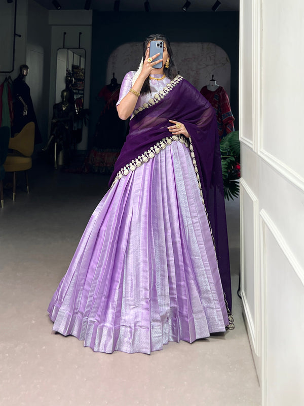 Lavender Silk Lehenga with Purple Sheer Dupatta and Floral Embellishment