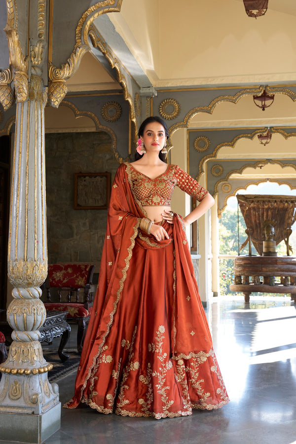 Rust Silk Embroidered Lehenga with Zari Work Blouse and Dupatta