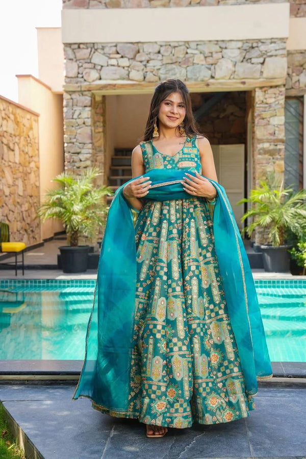 Teal Green Sleeveless Anarkali Gown with Printed Detailing & Dupatta – Festive Ethnic Wear for Women