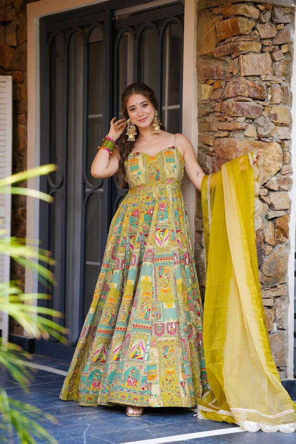 Mustard Yellow Ethnic Anarkali Gown with Printed Detailing & Dupatta – Festive & Wedding Wear for Women