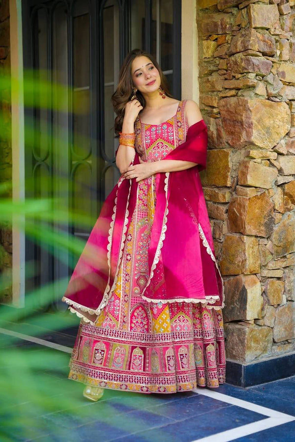 Rani Pink Embroidered Lehenga Set with Mirror & Gota Work – Festive & Wedding Wear for Women