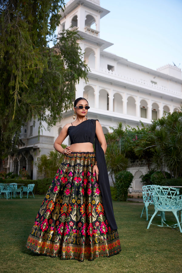 Wedding & Festive Wear Banarasi Silk Lehenga Set | Zari Work | Heart Shape Blouse with Attached Dupatta | Semi-Stitched