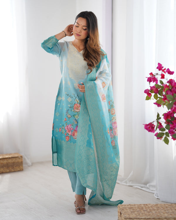 Aqua Blue Floral Printed Suit Set with Zari Embroidered Dupatta – Elegant Ethnic Wear for Festive & Daily Use