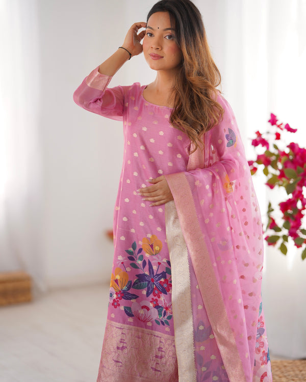 Pink Floral Printed Suit Set with Banarasi Dupatta – Elegant Festive & Daily Ethnic Wear
