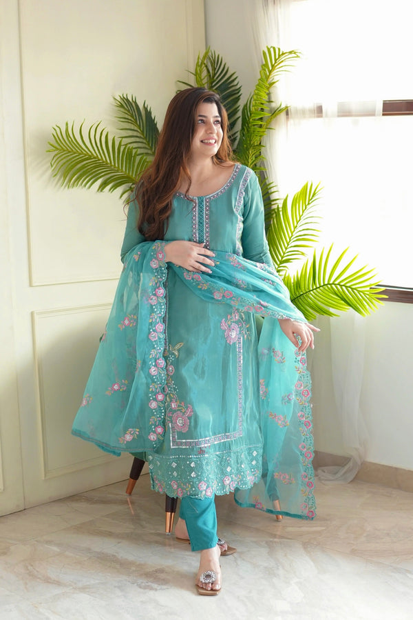 Turquoise Embroidered Net Suit Set for Women – Festive Wear Salwar Kameez with Dupatta