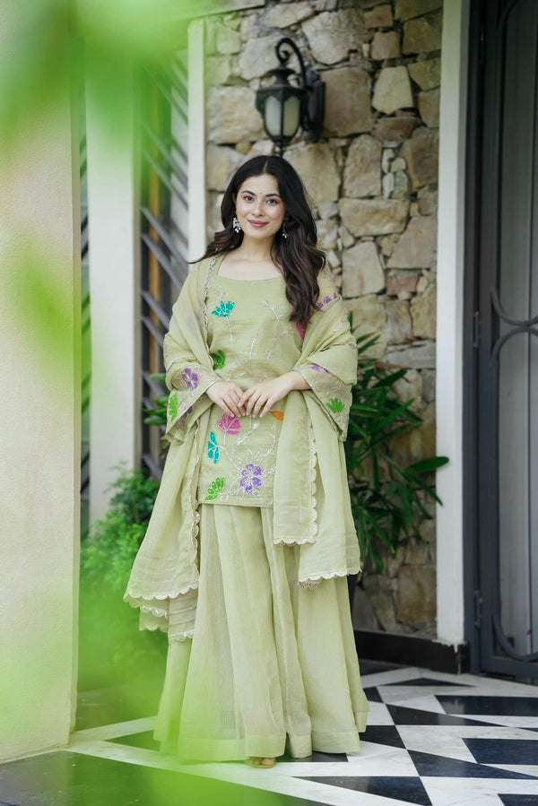 Pastel Green Floral Embroidered Sharara Set with Scallop Detailing