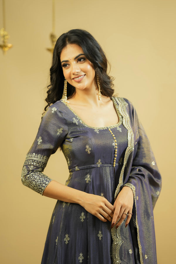 Heavy Shimmer Silk Gown Set with 4.5m Flair Lehenga & Embroidered Dupatta
