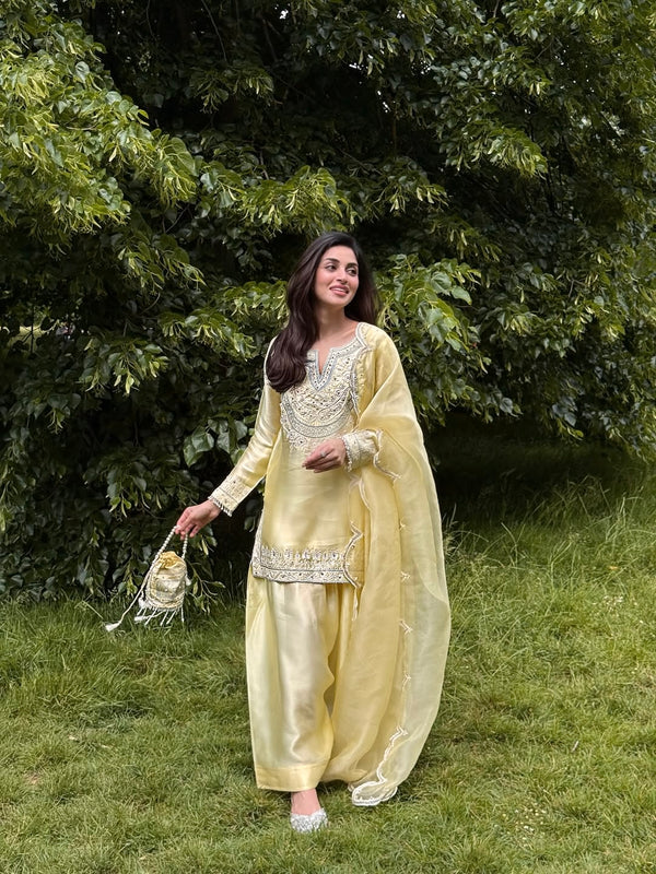 Pastel Yellow Festive Sharara Suit with Hand Embroidery & Organza Dupatta