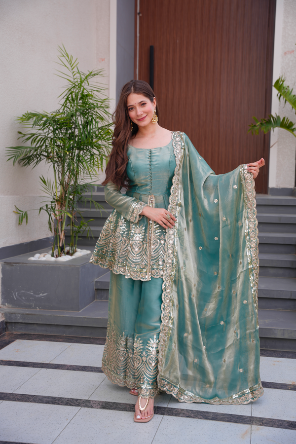 Teal Embroidered Peplum Sharara Set with Dupatta